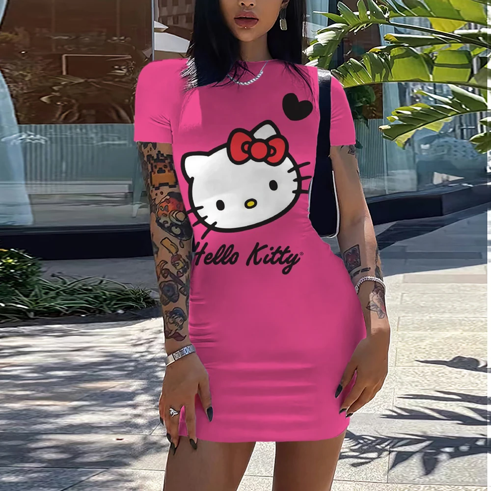 

Hello Kitty 3D Printed Design Seaside Spice Girls Short Skirt Women's Tight Pack Hip Sexy Mini Slim tight Beach Dress Ladies