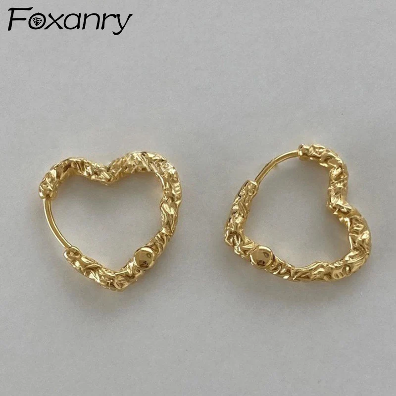 Foxanry Texture Hollow Love Heart Hoop Earrings For Women Girls Simple Classic Elegant Trendy Prevent Allergy Engagement Jewelry