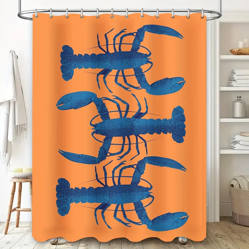 Blue Lobster Shower Curtain Oceanic Print Fabric Waterproof Bath Decoration Home Decor Orange Yellow Decorative Linen Bathroom R