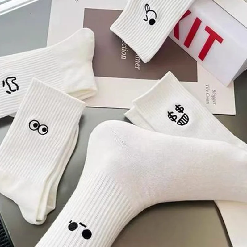 여성용 귀여운 표현 양말 세트, 카와이 스포츠 짧은 양말, 만화 레이디, 가을, 용수철, 여자, 화이트, 5 켤레, 새로운 패션