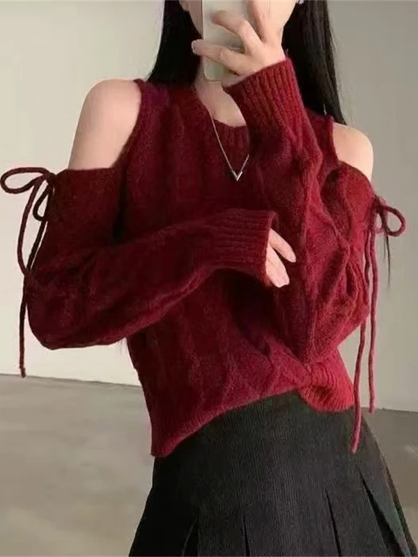 

Chic Autumn Winter New Sle Retro round Ne oulder Bared Knitted Sweater Women's Long Sve Twisted Knitwear Casual Commute