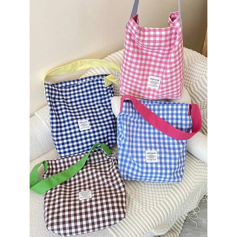 Canvas Shopping Bags Durable Women Student Cotton Linen Single Flax Shoulder Bag ColorCheck Plaid Large Capacity Tote Bags Bolsa