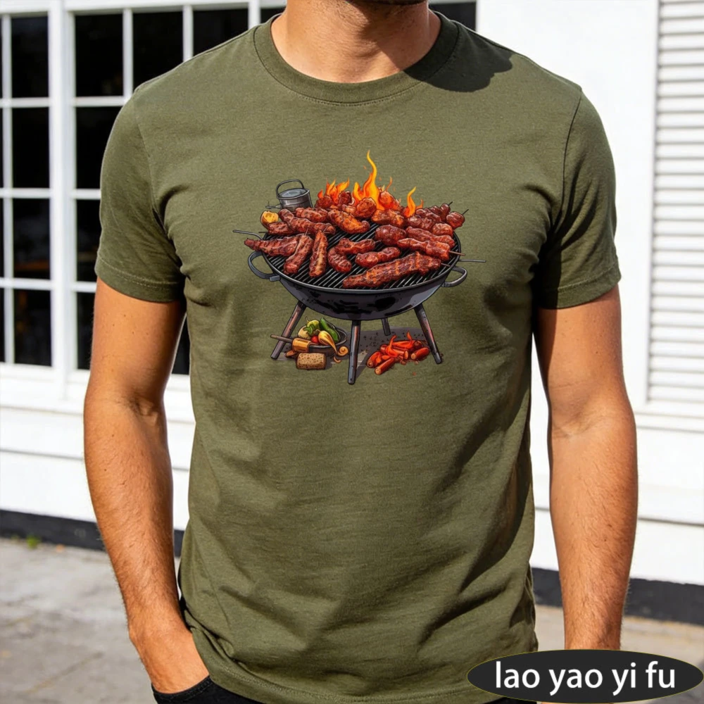 vGrill Full Of Skewers Sausages Flame BBQ Graphic Men Summer Cotton T Shirt Outdoor Barbecue Cookout Short Sleeve Daily Top