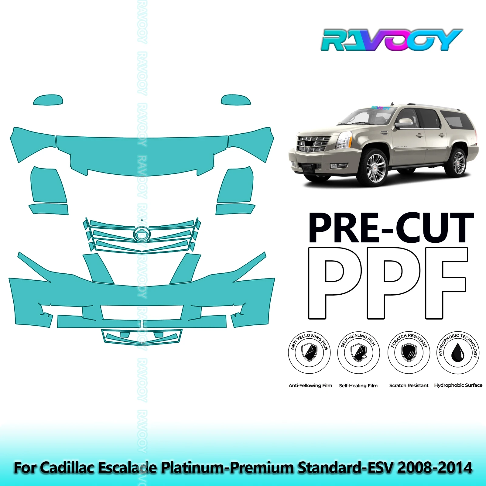 For Cadillac Escalade Platinum-Premium Standard-ESV 2008-2014 Partial Front 8.5Mil Pre-Cut PPF Clear Bra Kit | Clear/Matte/Black
