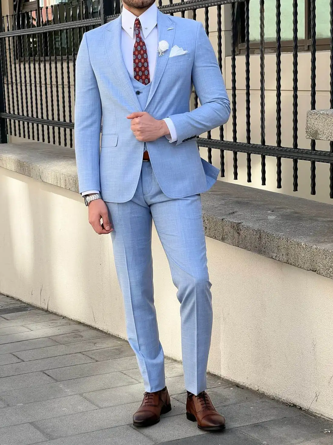 Blue Men\'s Suits Fashion Slim Fit One Button Pocket Design Male Tuxedo Formal Wedding 3-Piece Jacket+Pants+Vest Costume Homme