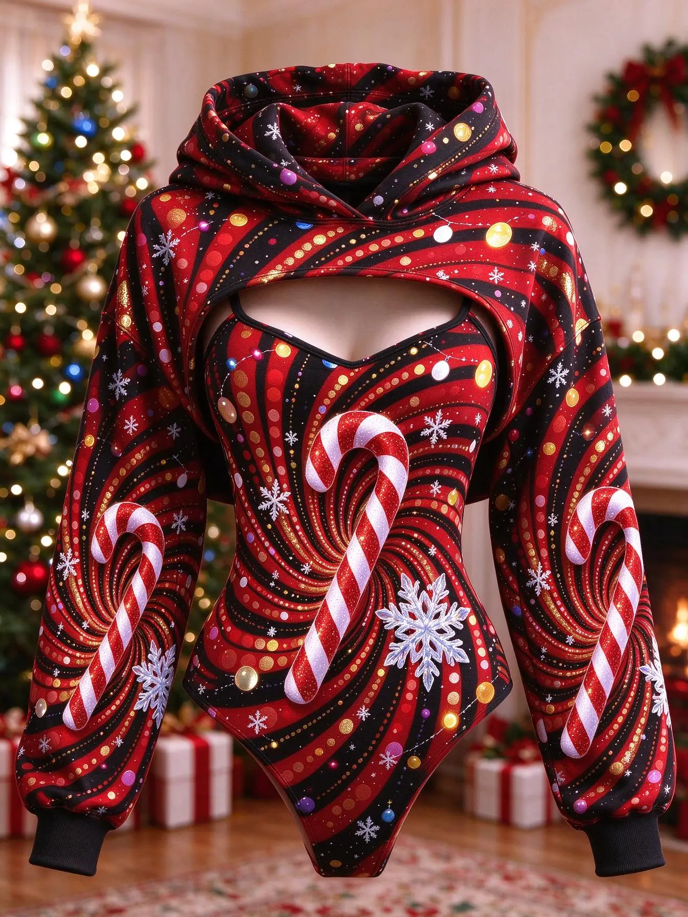 Christmas Women 2 Piece Set Red Black Vortex Candy Cane Snowflake Print Bodysuit & Hooded Shrug Xmas Party Outfit