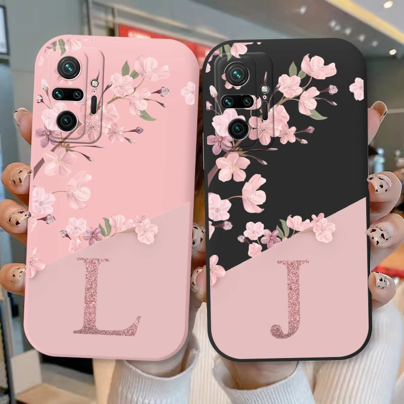 For Redmi Note 10 Pro Phone Case Pink Flowers Initial Letter A To Z Silicone Soft Back Cover For Redmi Note 10Pro Alphabet Coque