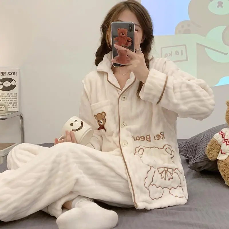 

Women's Pajama Set Comfortable Sleepwear Autumn Winter Thickened Warm Coral Fleece Cardigan Loungewear Home Clothes for Girl