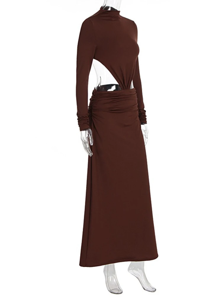 SsTss Abito lungo senza schienale con cut-out Abito da donna sexy con colletto alla coreana a maniche lunghe increspato Abito da sera Autunno 2025 Abbigliamento alla moda