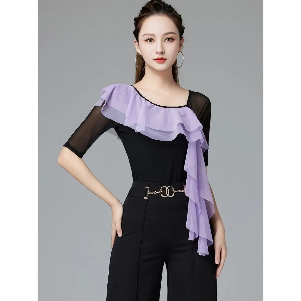 Modern Dance Practice Suit Top Women's Latin Dance Short Sleeve Breathable One-Piece Sexy Slim Fit Polyester T-Shirt