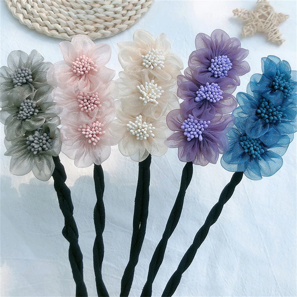 Elegant Fashion Yarn Flower Hairpin Bun Maker Twist Headband Lazy Hair Accessories Women Meatball Head Hair Curler Hair Stick