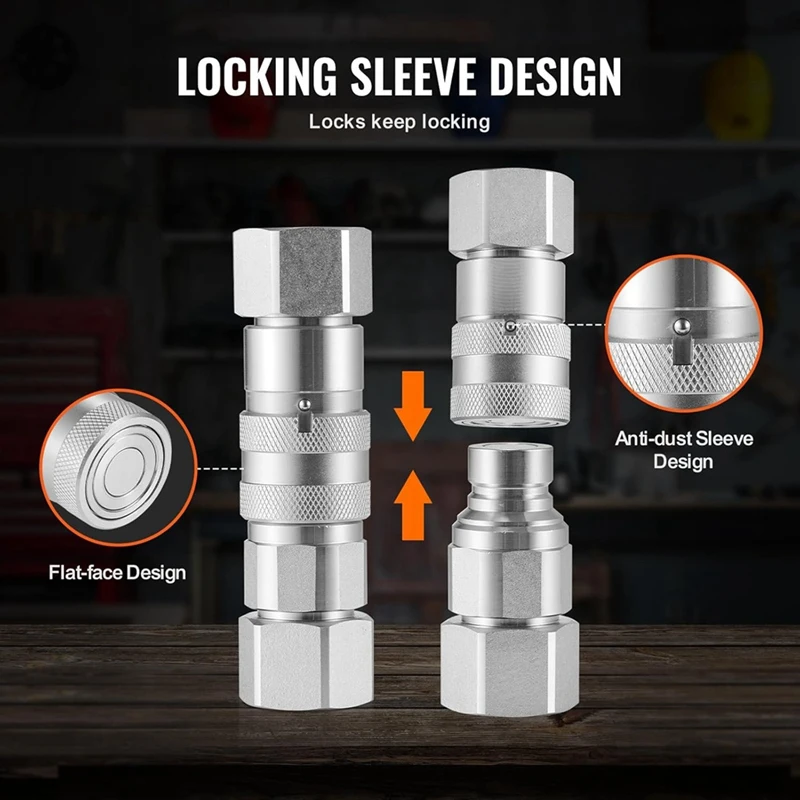 1/2 Inch Flat Face Hydraulic Couplers, 1/2 Inch NPT Skid Steer Hydraulic Quick Connect Couplers With 2 Dust Caps