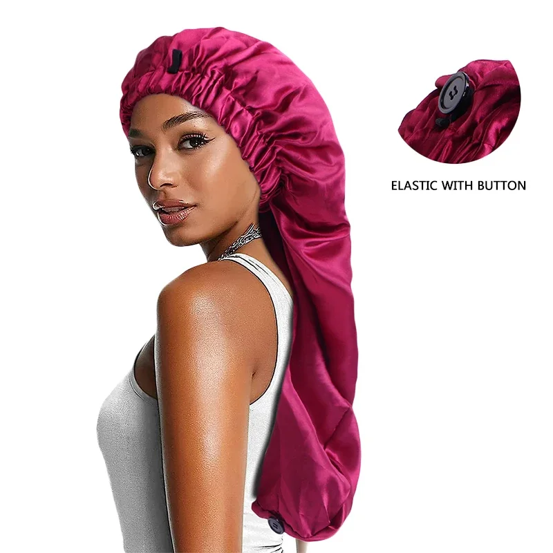 New Women Long Satin Bonnet Large Sleep Cap With Button Braids Elastic hair band Bonnet Cap Silky Night Sleep Hat chemo Caps