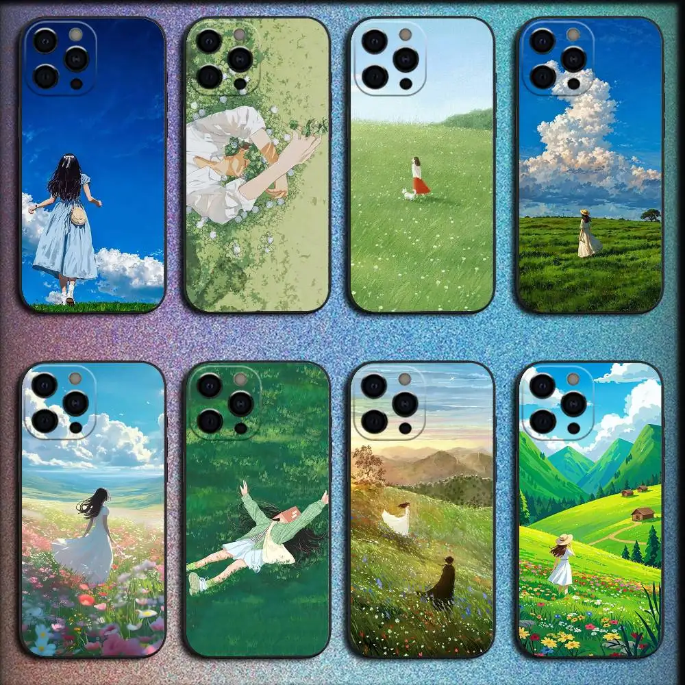 

grass sky girl Phone Case For iPhone 16,15,14,13,12,11,Pro,XS,Max,XR,Plus,E,Mini Shockproof Black Cover