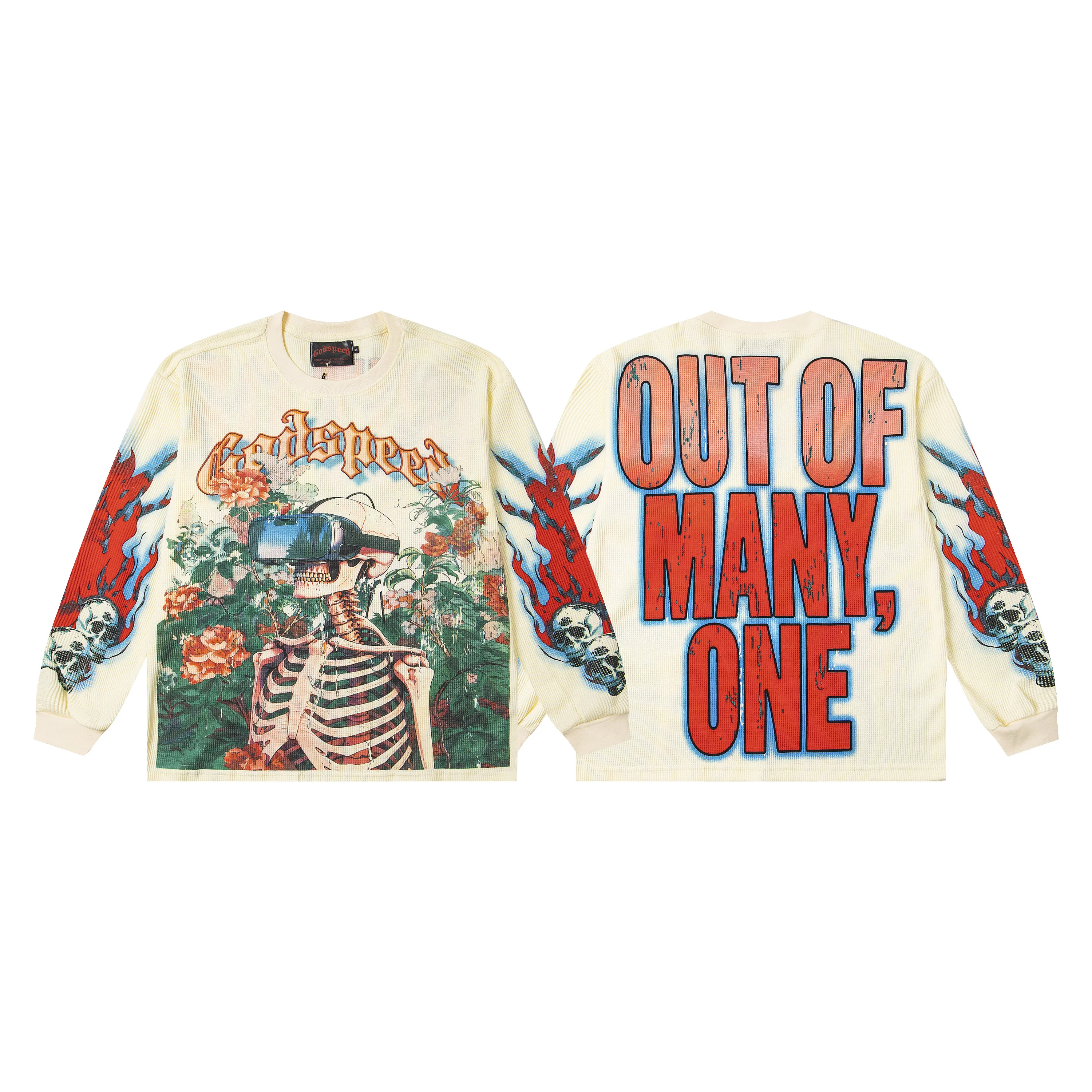 Godspeed American Style Long Sleeve T-Shirt Pure Cotton Floral Skeleton Print Loose Fit Streetwear round Neck Casual Top