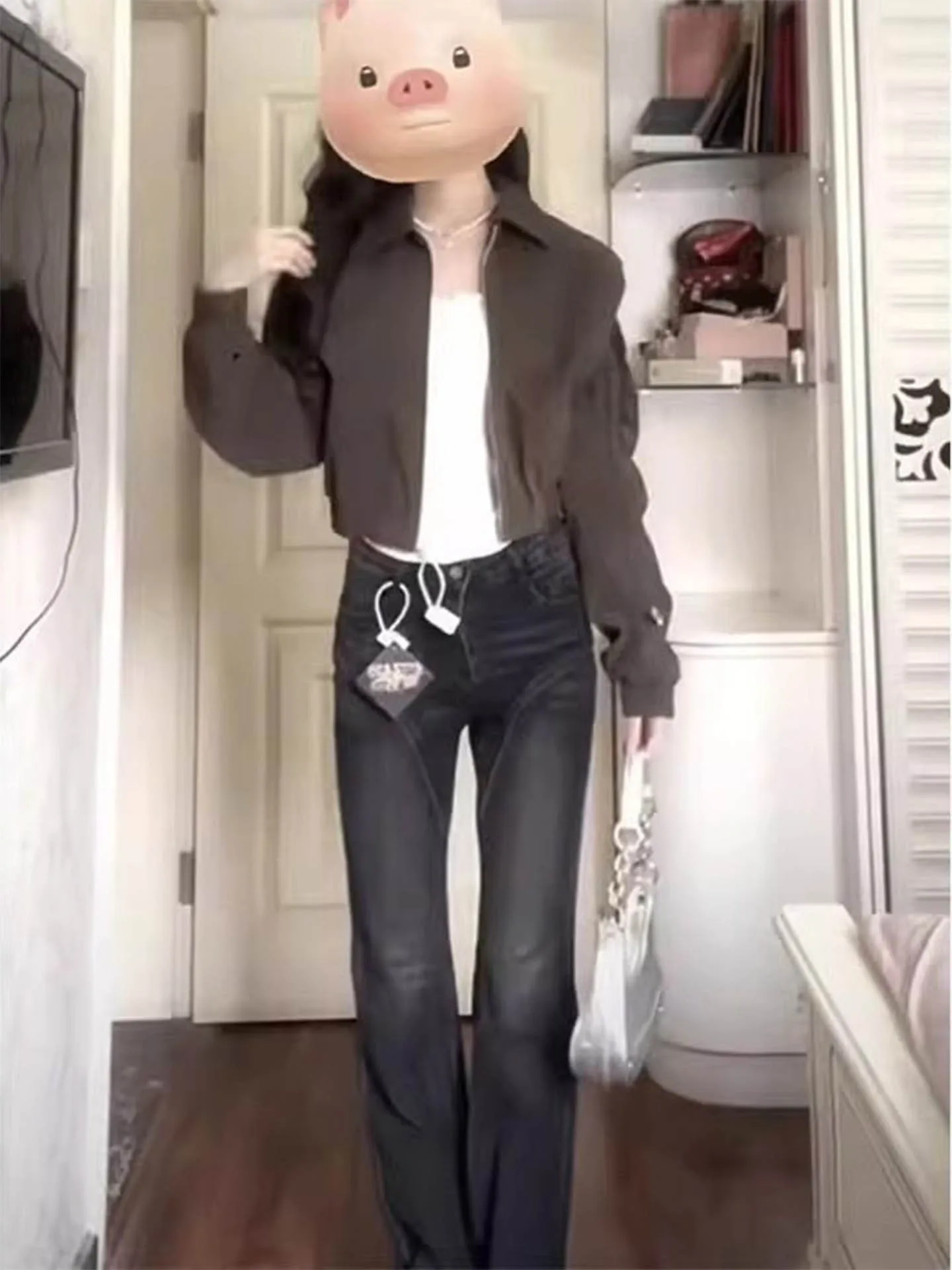 Jaqueta Fena Curta de Couro Marrom Estilo Beisebol com Ombro Acolchoado para o Início do Outono, Qualidade Superior, Moda...