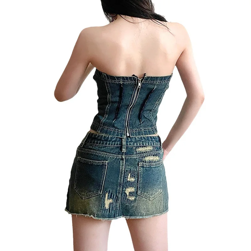 Gewaschen und verzweifelt gewickelt Brustgurt ausgesetzt Nabel Korsett hoch tailliert gebürstet ultra kurzen Rock sexy würzigen Mädchen Denim-Set