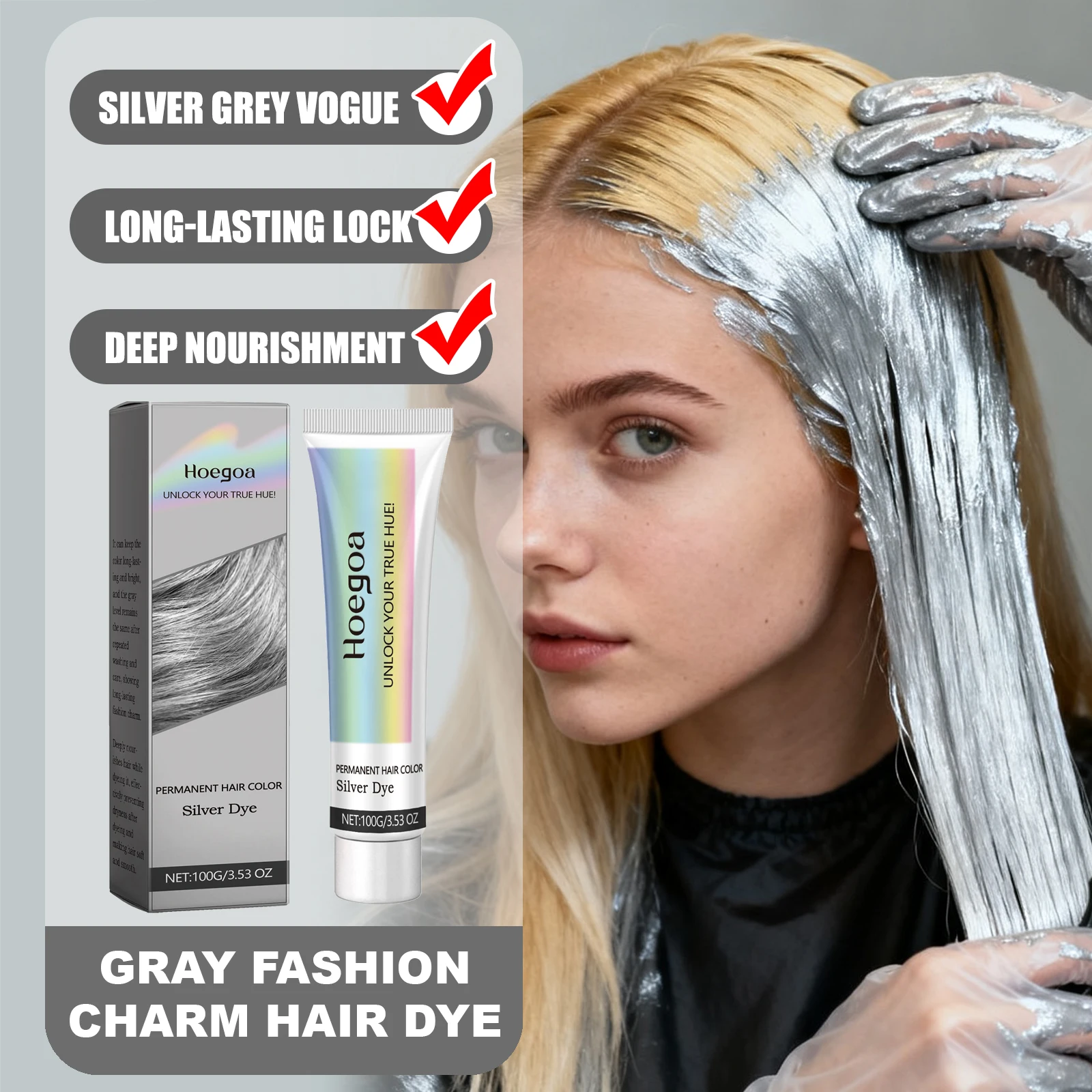

HOEGOA Серый цвет, модная очаровательная краска для волос, глубокое питание, длительный стабильный эффект, нежная формула, мягкое, гладкое, осветляющее волосы