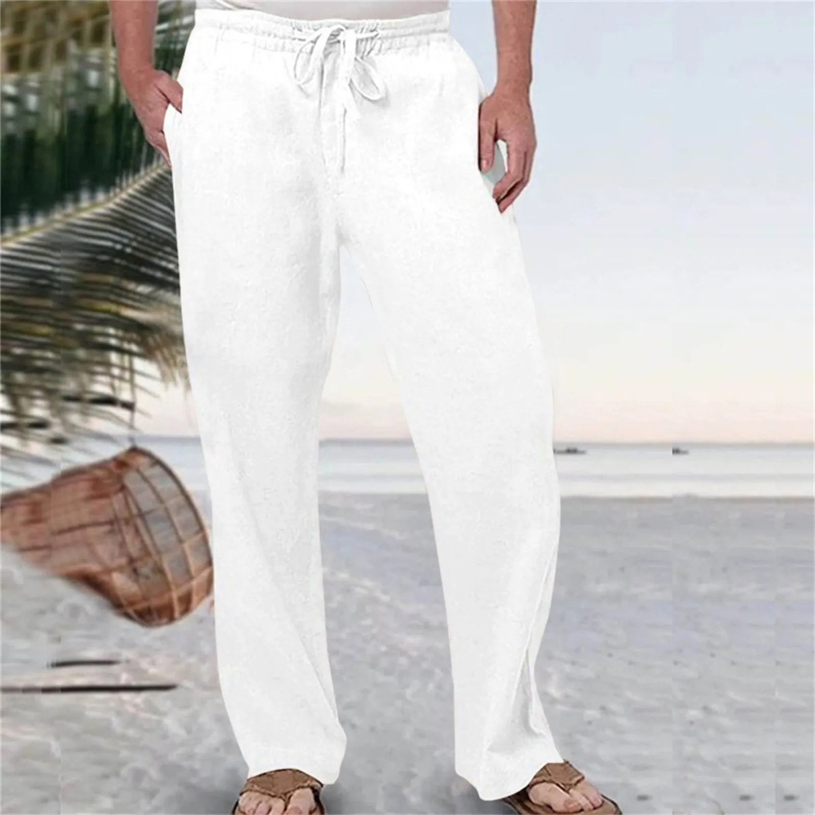 

Men Cotton Linen Pants Solid Color Breathable Pocket Elastic Waist Trousers Joggers Fitness Loose Hip Hop Sweatpants Beach Pants