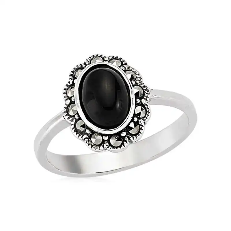 Silver Marcasite Sterling Onyx Ms. Ring