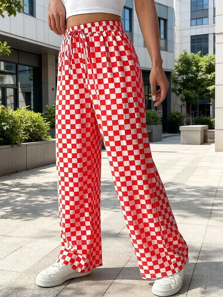 

Women's Red White Plaid Checkered Wide Leg Pants Elastic Waist Drawstring Loose Casual Trousers for Summer Streetwear Daily