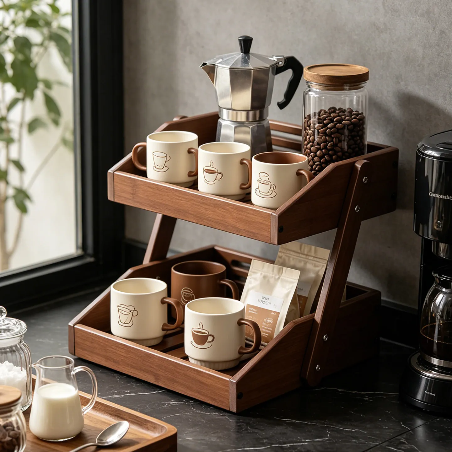 Solid wood desktop storage tea cup holder, antique black walnut multi-layer tea set storage rack, coffee cup holder display rack