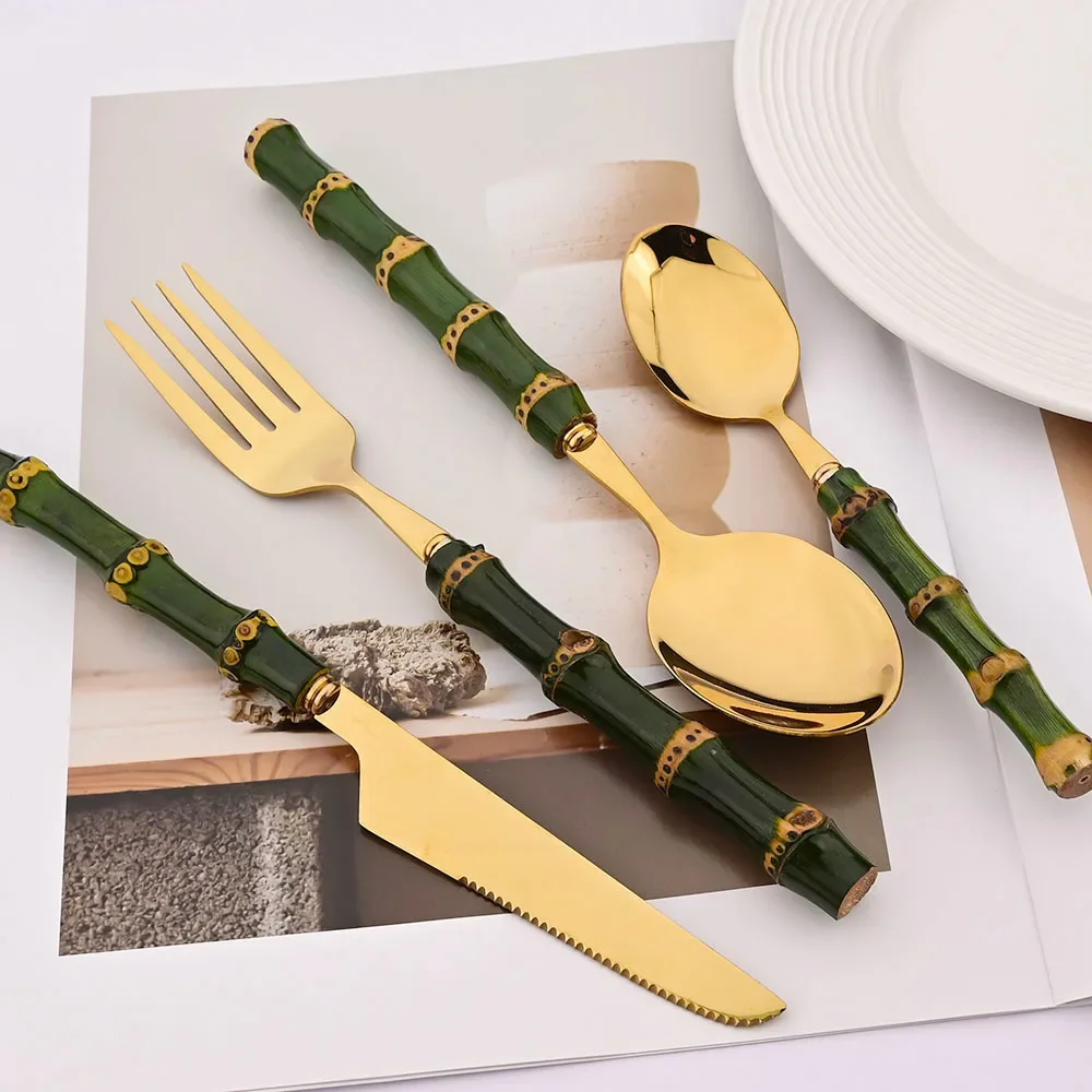 4Pcs Natural Bamboo Handle Dinnerware Set Green Handle Stainless Steel Cutlery Set Knife Fork Spoon Kitchen Flatware Tableware
