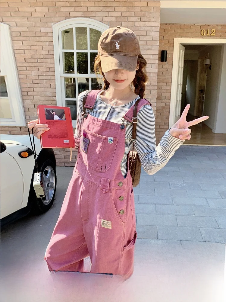 

Розовые джинсовые комбинезоны для женщин, повседневные, с широкими штанинами, свободного кроя, весна-осень, новинка, корейский стиль, маленький размер, высокая талия, на пуговицах...