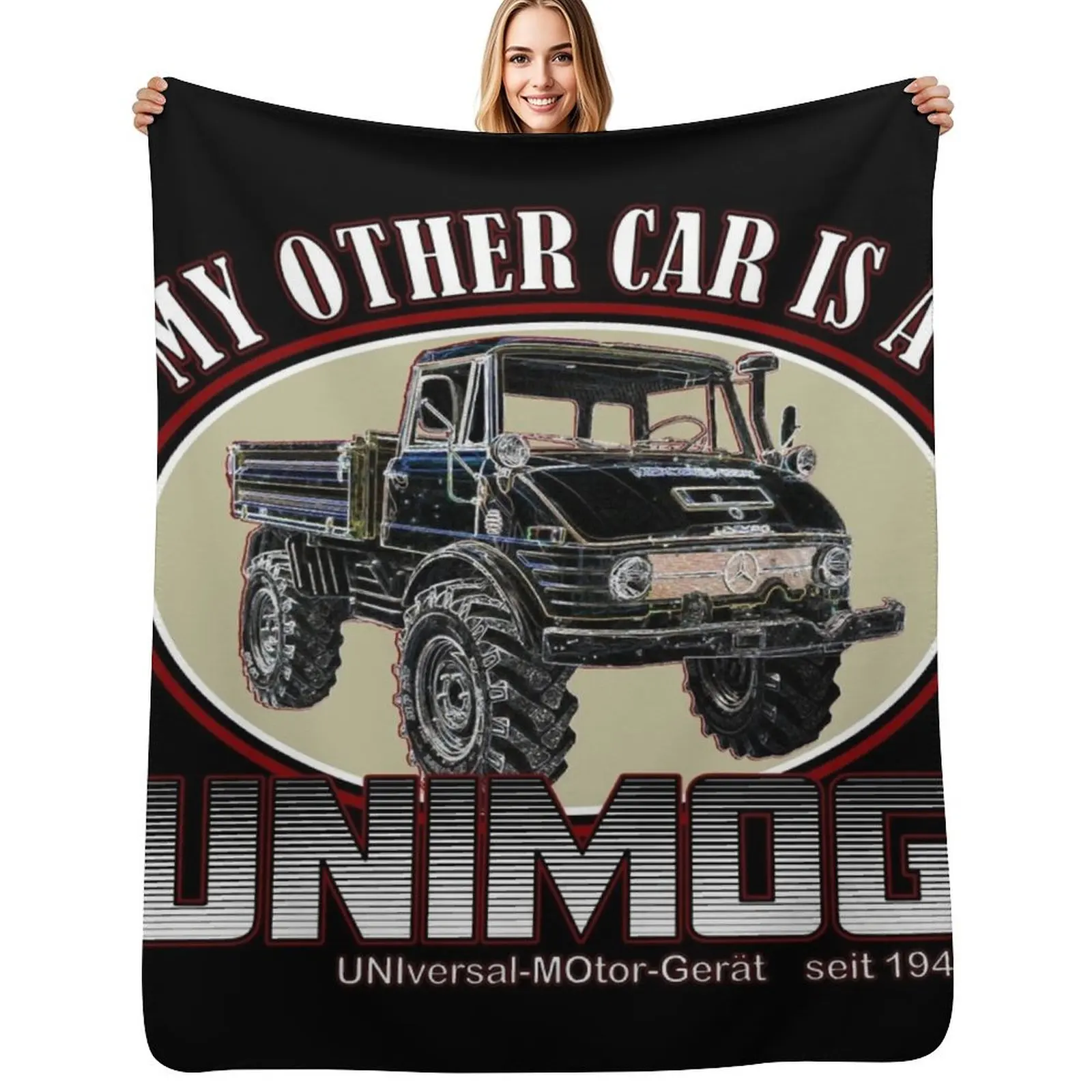 My other car is a UNIMOG (black background) Throw Blanket Color Fast Cozy Throw Blanket