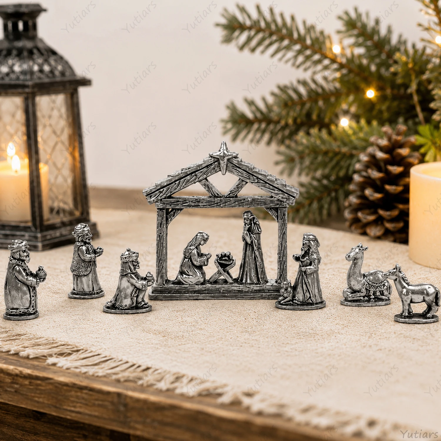 7Pcs Silver Nativity Figurines Set Mini Christmas Manger Scene Holy Family Wise Men Camel Donkey Tabletop Home Holiday Decor