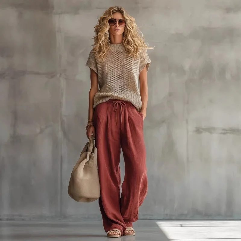 

Women Casual Knit Short Sleeve Top & Drawstring Wide Leg Pants Set Elegant Loose Linen Outfit Bohemian Vacation 2 Piece Vintage