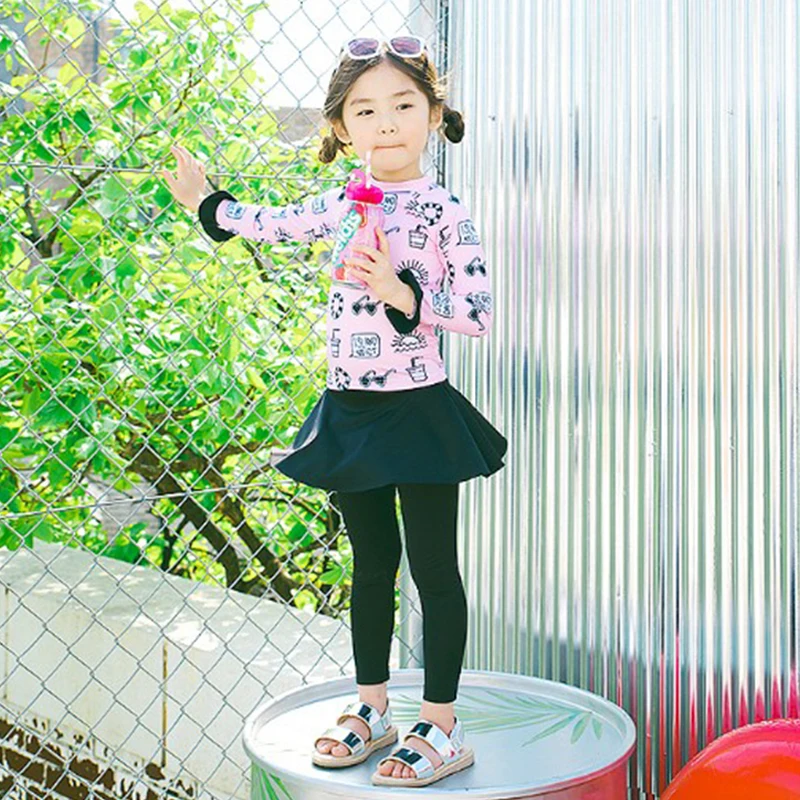 Korean Style Children's Swimming Suit Girls' Two-Piece Skirt Style Long Sleeve Sun Protection Baby Small Children Student Set