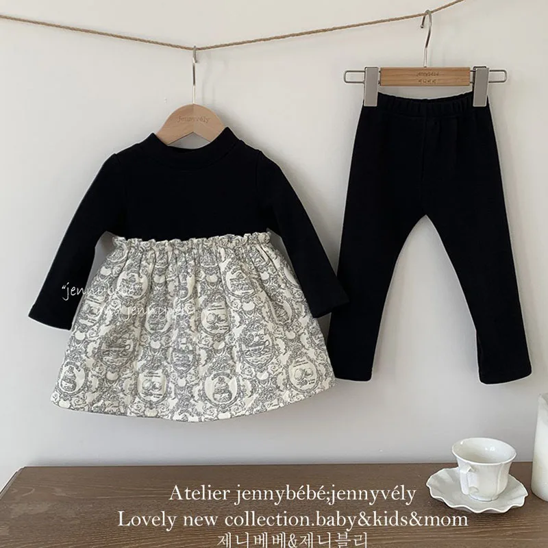 2024 Nieuwe Winter 0-4Yrs Peuter Baby Meisje Verdikking Kleding Pak Lange Mouwen Jurk + Broek Pasgeboren Baby Meisjes kleding Set