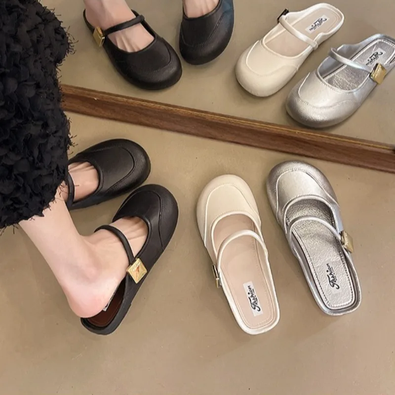 Summer Women Mary Jane Backless Mules Flat Dress Women's Slippers Buckle Soft Sole Light Non Slip Casual Slip on Woman Shoes