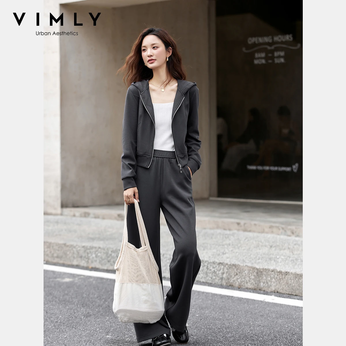

VIMLY элегантные женские комплекты, спортивная осень 2024, вязаная куртка с капюшоном и длинными рукавами, прямые мешковатые брюки, брюки, женские комплекты A2036