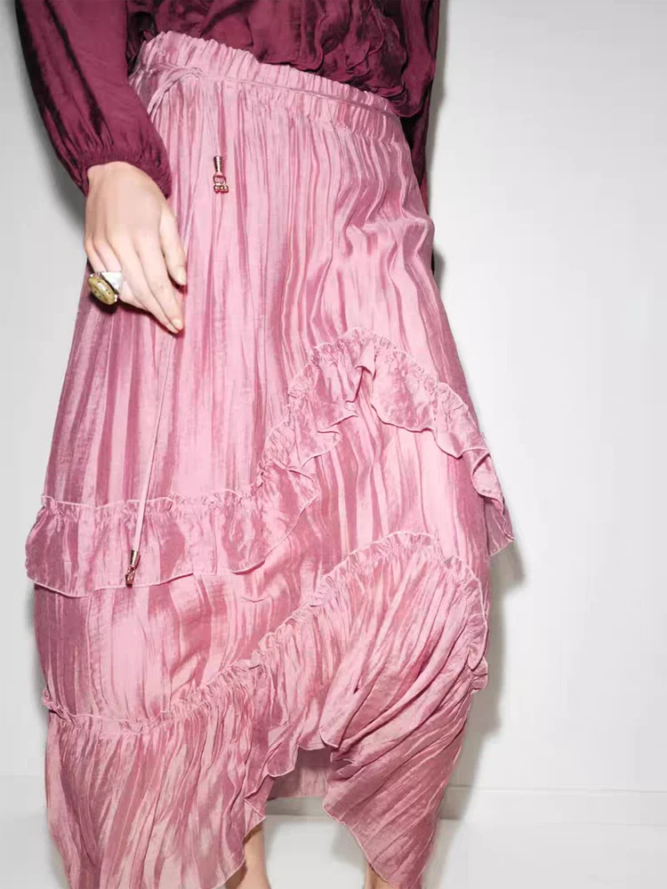 

Новая модная розовая юбка макси с оборками и декоративными плиссированными вставками А-силуэта для женщин, весна-лето 2026: элегантная, шикарная, индивидуальная юбка