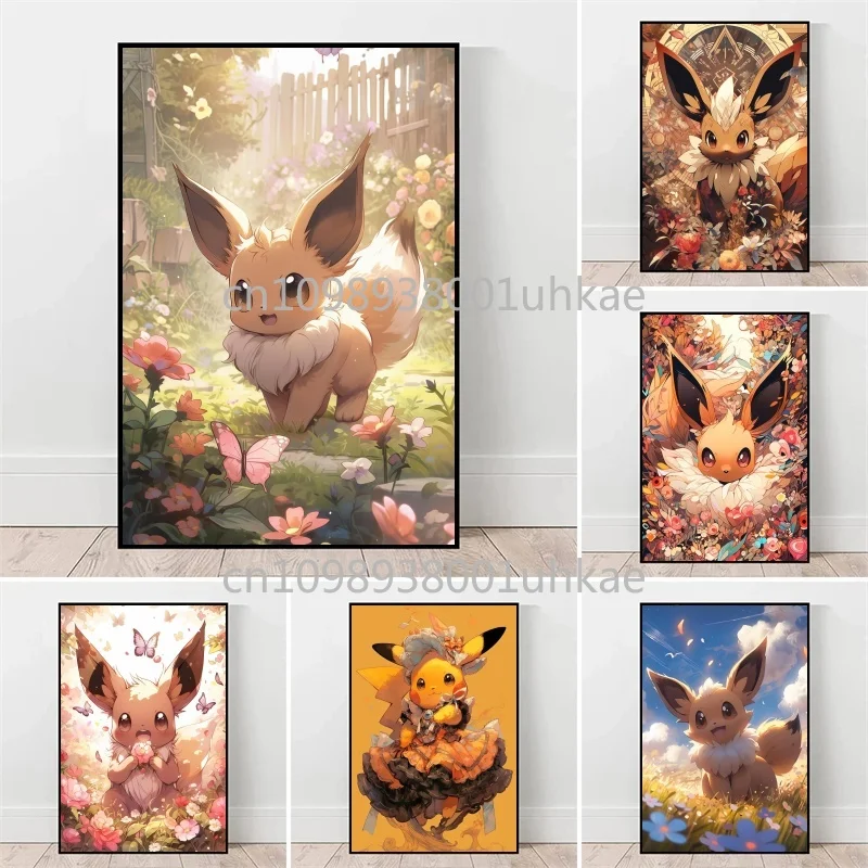 

Anime Pokemon Canvas Painting Pikachu Eevee Cute Style Retro HD Picture Flower Art Painting Bedroom Decoration Mural Kids Gift