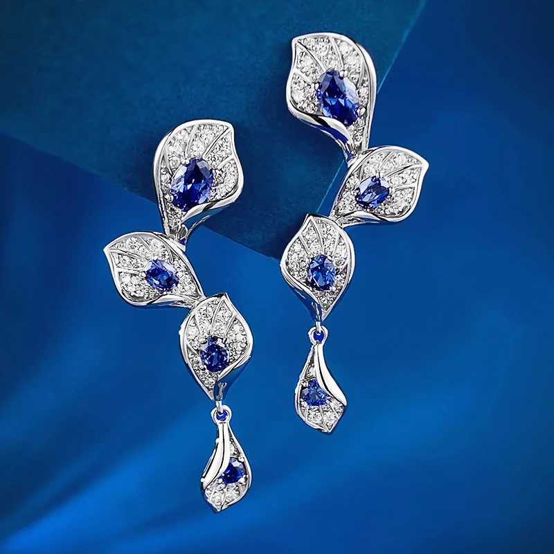 

2024 New Niche Design Royal Blue and Plain Leaf Earrings 925 Silver Light Luxury Minimalist Earrings, Niche and Versatile