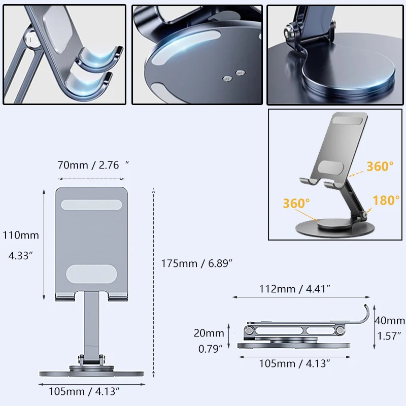 Cell Phone Stand 360° Rotation Adjustable Metal Holder Stand For iPhone iPad Xiaomi Huawei Foldable Desktop Phone Tablet Holder