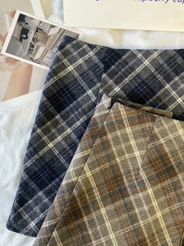 Spódnica wełniana w kratę z wysokim stanem, damska, zimowa 2025, nowa, koreańska, elegancka, wyszczuplająca, trapezowa, kopertowa.