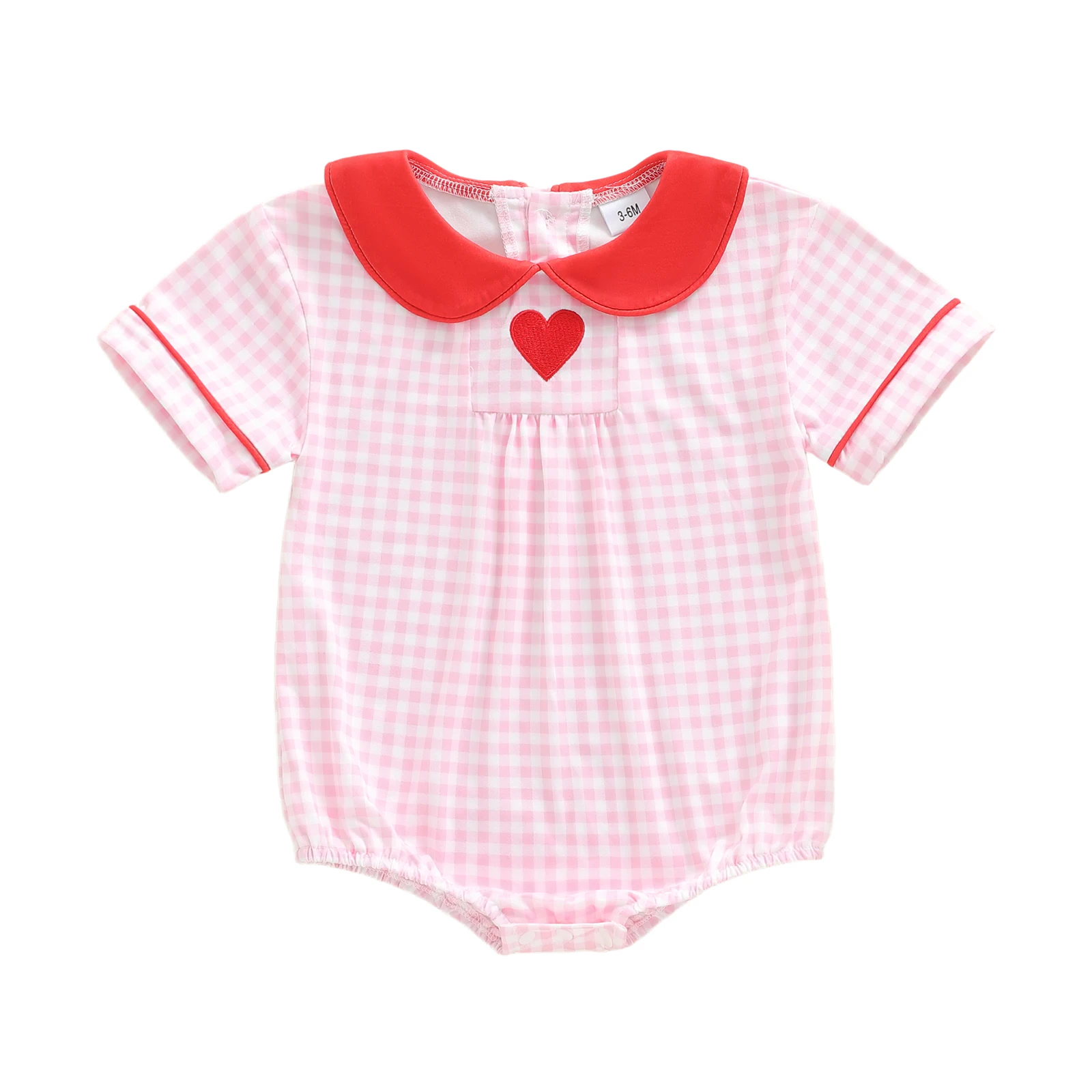

Baby Girls Bubble Romper Plaid Print Letter Heart Embroidery Short Sleeve Doll Collar Jumpsuit