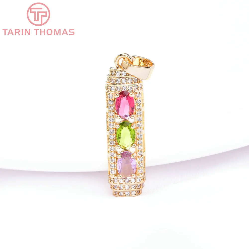 (6590) 2PCS 8x30MM 24K Gold Color Brass with Zircon Column Shape Charms Pendants High Quality Jewelry Making Findings Wholesale