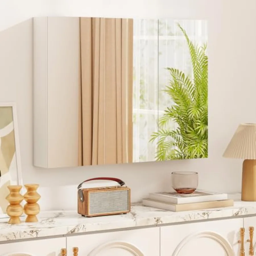 Bathroom mirrored medicine cabinet, white MDF, large wide wall-mounted storage with 3 mirror doors, hanging organizer, 34.5 x 5 view 5