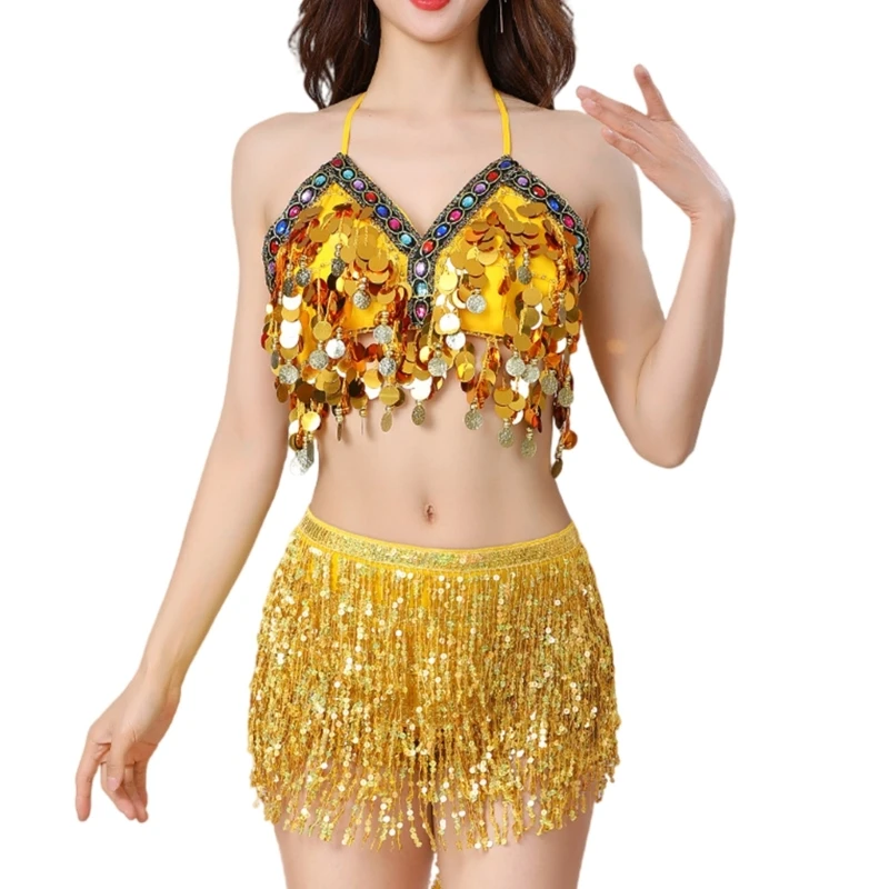 39BD Zweiteiliges Bauchtanz-Outfit für Damen, Pailletten-Fransen-Bauchtanzrock und Top-Set – Detail 1