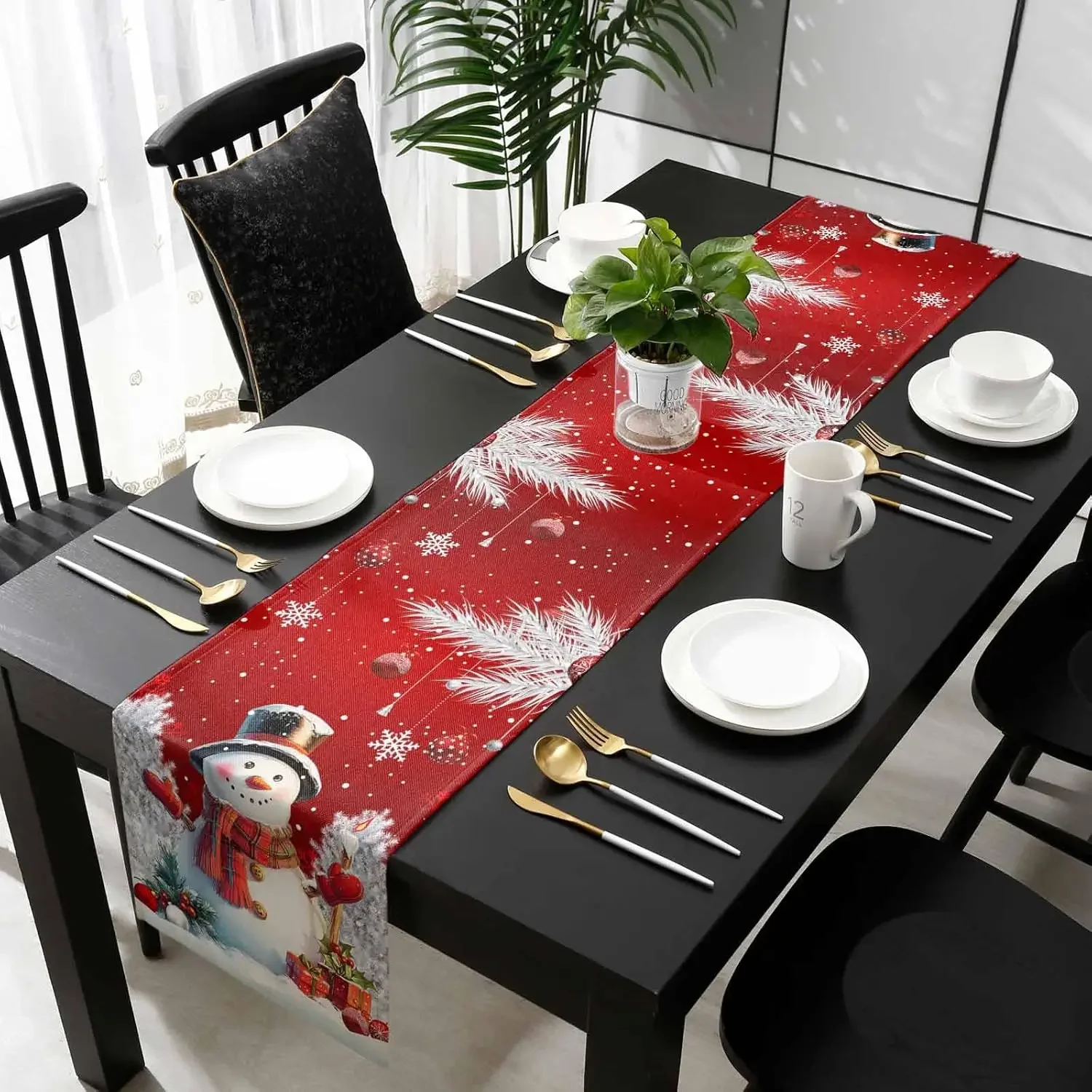 Christmas Snowman Ball Silver Leaf Snowflake Linen Table Runner for Table Decor Winter Xmas Table Runners Christmas Decorations