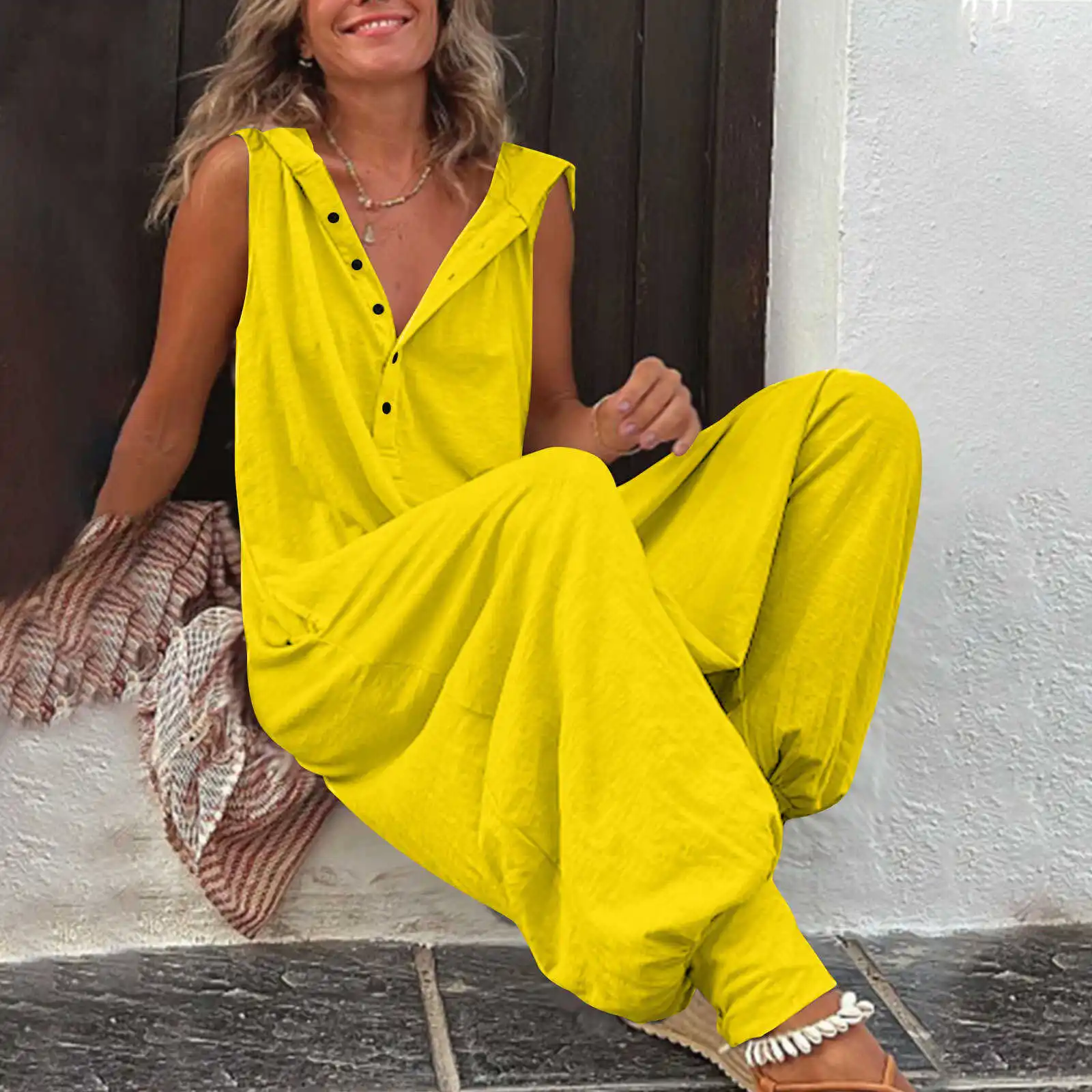 Loose Casual Jumpsuit Buttoned Hoodie Svel Wide Leg Pants Summer Comfortable One-Piece Suit Asymmetrical Flared Trousers