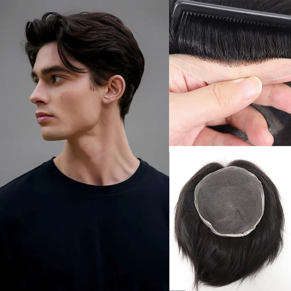 

Full French Lace Men's Toupee 100% Human Hair Prosthesis Natural Black Replacement System Straight Hairpiece for Men Hair Unit