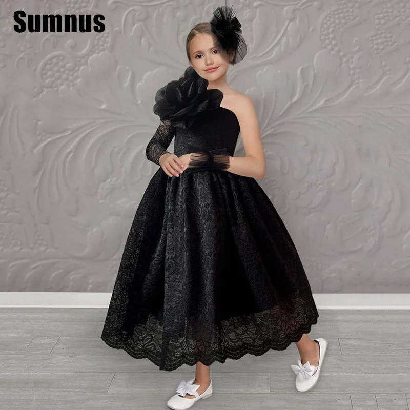 

SUMNUS Black Lace A-Line Flower Girl Dress Pearl Cute Tiered O-Neck Tea-Length One Shoulder Wedding Occasion Gowns Customized