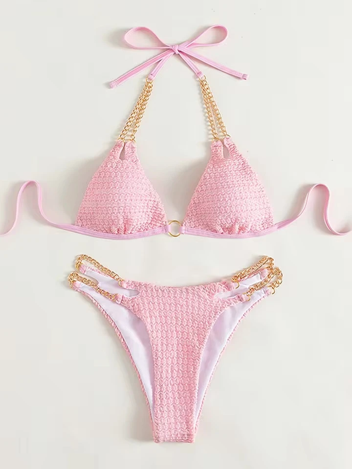Vzvn Sexy Chain Laced Up Bikini Set For Women Split Swimsuit Beach Brazil Bikini 2026 New All Season Backless Bikini 2 Piece Set