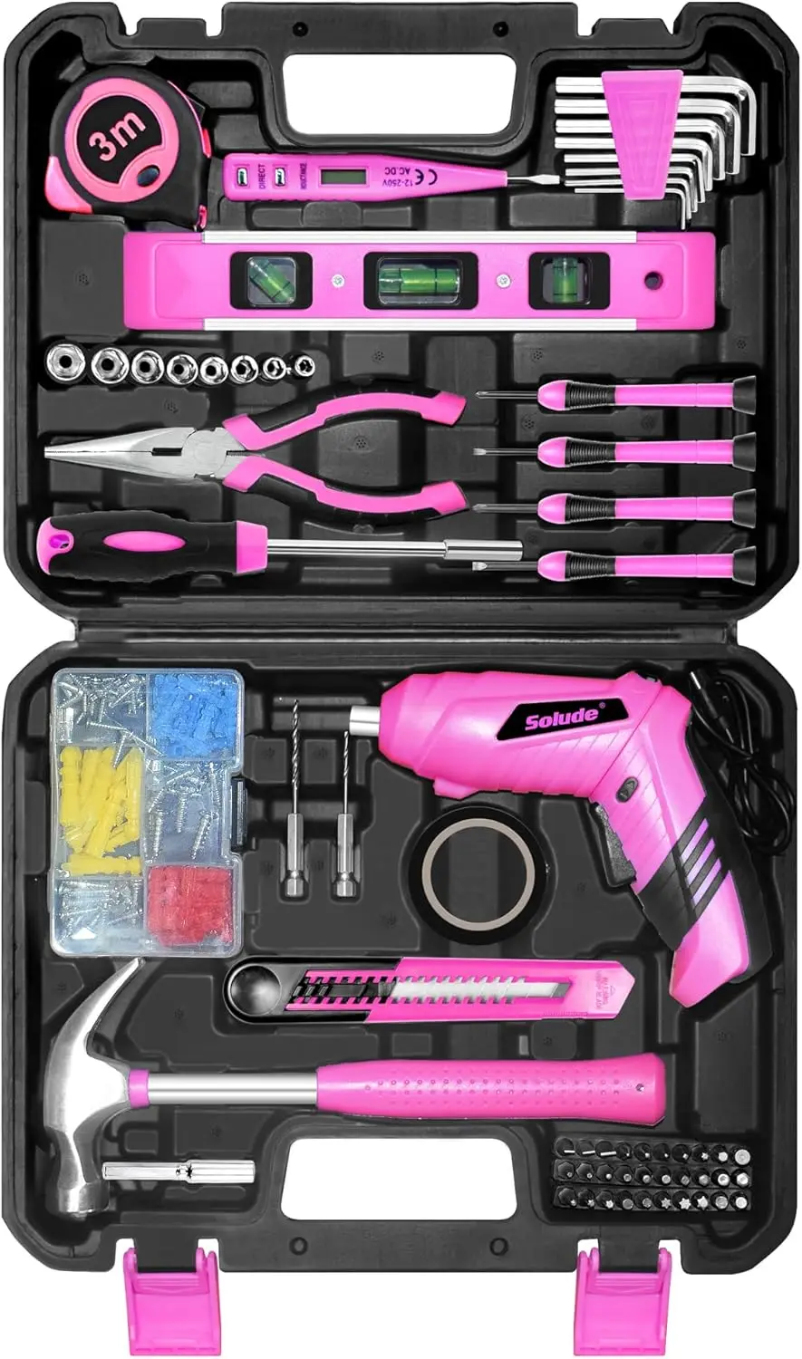 

Pink Tool Set for Women, 130-Piece Home Tool Kit with Cordless Rechargeable Screwdriver, DIY Projects & Apartment Essentials